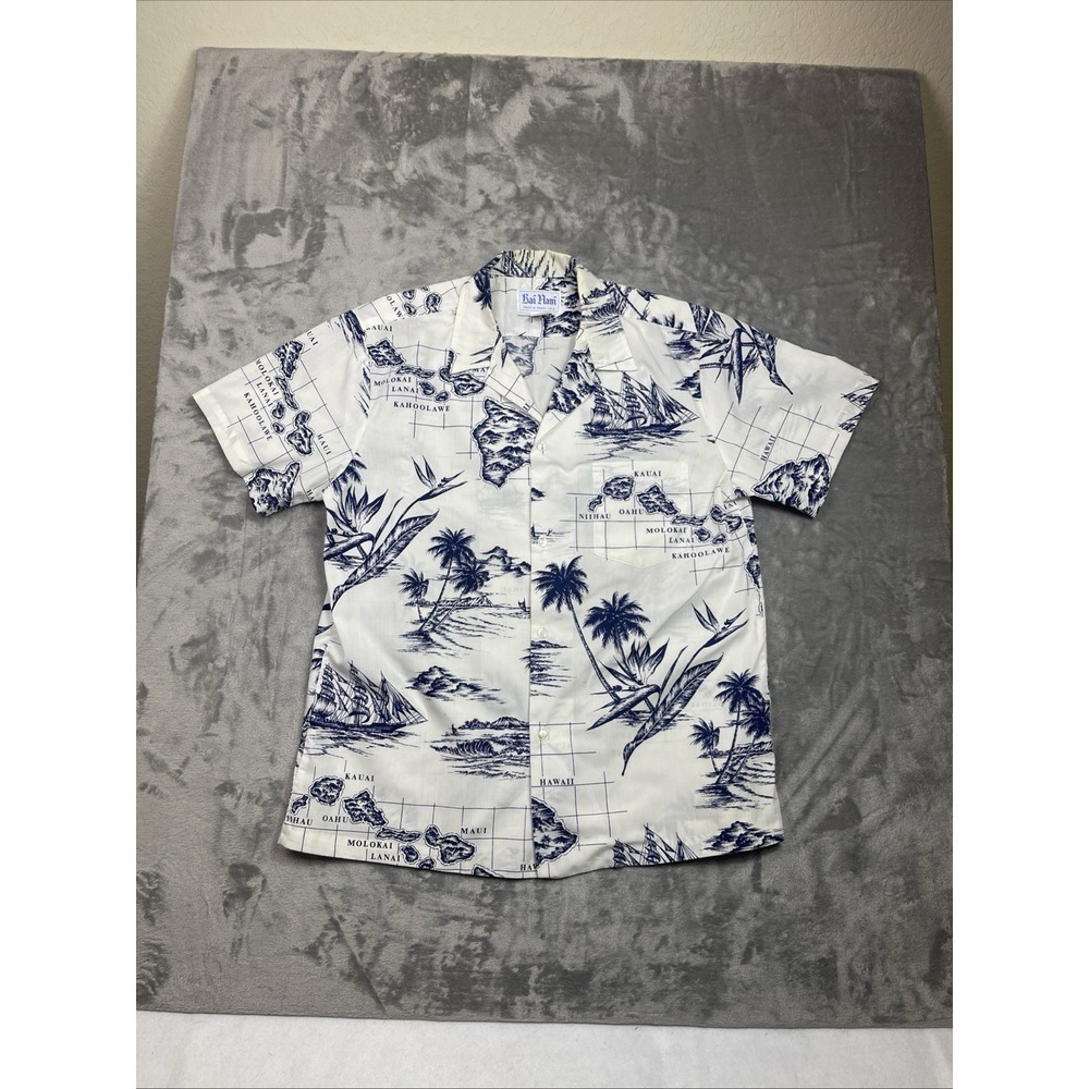 Kai Nani Vintage Hawaiian Camp Shirt L Islands Map Chart Palms Ships All Over